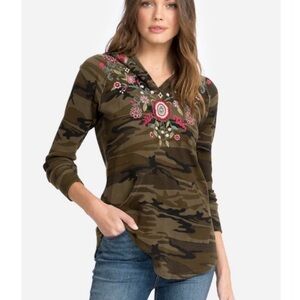 Johnny Was Hulda Raw Thermal Camouflage Hoodie Top